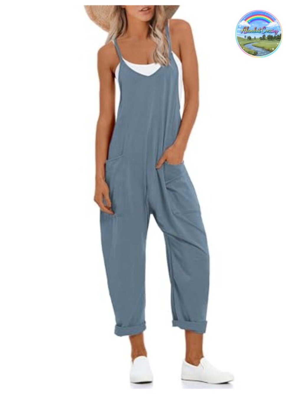 Lentta Women's V Neck Sleeveless Harem Overalls Jumpsuit with Pockets Stretchy